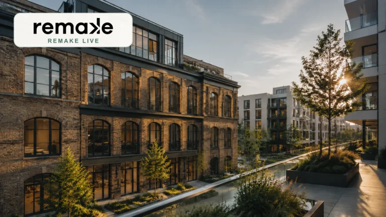 Immeubles européens diversifiés avec le logo officiel Remake Live